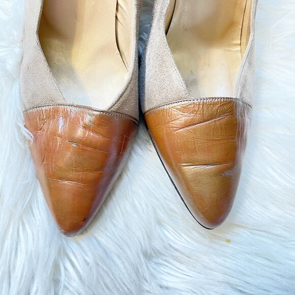 Stuart Weitzman Vintage Tan Suede Cap Toe Heels Pumps Women's Size 6 Wide - Picture 5 of 10